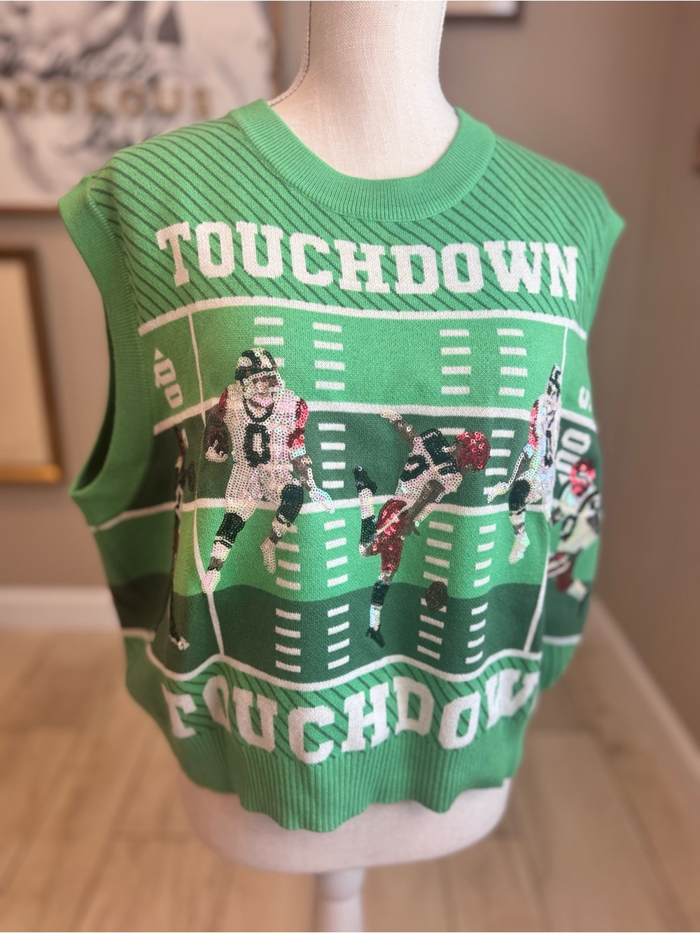 QUEEN OF SPARKLES Green Touchdown Football Field & Sequin Player Sweater Vest